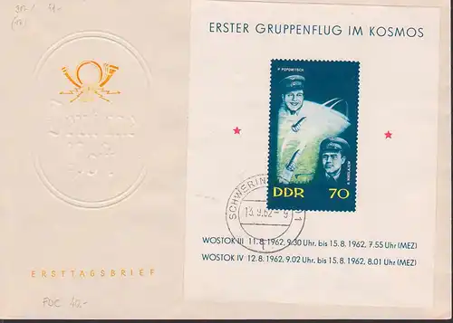 Gruppenflug im Kosmos Popowitsch und Nikolajew  mit Wostok III / IV, DDR Bl. 17 OSt. Schwerin 13.9.62