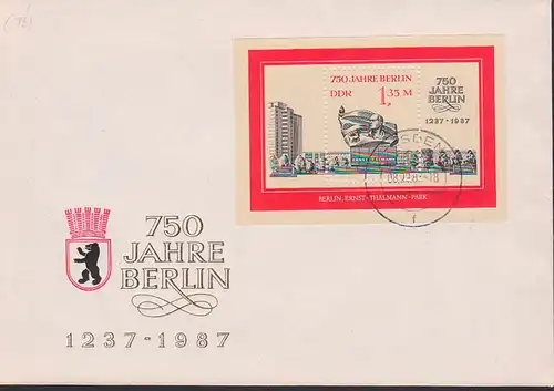 Berlin 750 Jahre DDR Bl. 89 mit OSt. Dresden 8.9.87 auf offiziellem Umschlag, Wappen Berlinr Bär