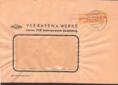 Radeberg ZKD-Brief 17M VEB RAFENA  24.4.58 mit Z1 "Zentraler Kurierdienst" überstempelt