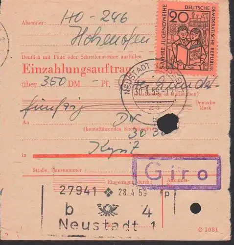 Neustadt (Dosse) 20 Pf. Einzahlungs-Auftrag GIRO Jugendweihe Weltall-Erde-Mensch, Abs. HO Verkaufsstelle 246 Hohenofen