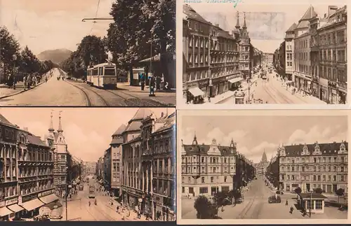 Görlitz vier Ak , Brautwiesenplatz, Berliner Str. Biesnitzer Str. mit Landeskrone, Straßenbahn