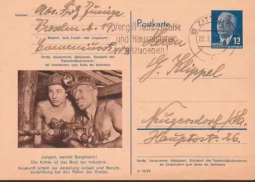Arbeiterberufe DDR P56/01 'Bergmann' Ausbildung MWSt. Zittau 22.3.54, Kohle ist das Brot der Industrie, montan