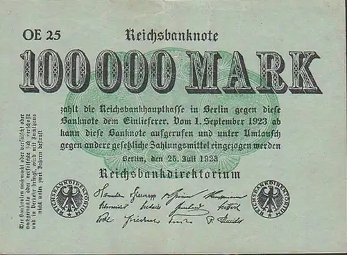 Inflaschein 100 000 Millionen Mark Serie OE 25, Deutsches Reich Inflation