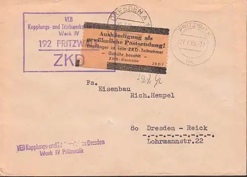 Pritzwalk 27.7.65, R5 ZKD- St. mit brauem ZKD 7-Pergamin "Aushändigung als gewöhnliche Postsendung! .." Kupplungswerk