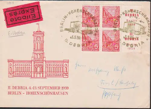 Berlin-Hohenschönhausen SoSt. 5.9.59 Eilbrief mit 580B, Rote Rathaus, II. DEBRIA