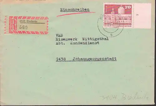 Biederitz R-Brief 70 Pfg. Leipzig Alte Rathaus, Randstück nach Johanngeorgenstadt Eisenwerk Wittigsthal