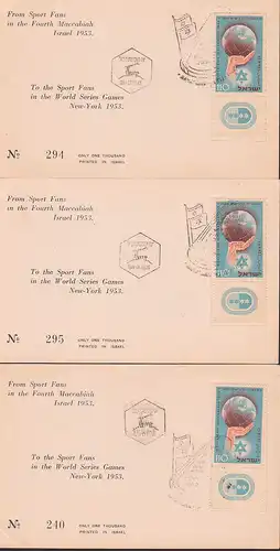 Maccabiade 1953,  Fourth Maccabiah 3 num. Karten, Mkn mit Nebenfeld in Israel