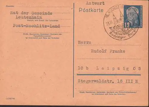 Rochlitz 12 Pfg. W. Pieck als Antwort-GA verwendet SoSt. Rochlitzer Porphyr, Abs. Rat der Gemeinde Leutenhain 23.11.51