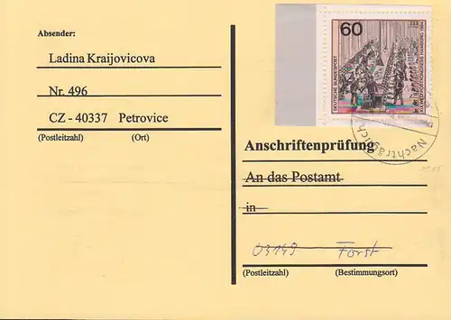 Weltpostkongress Hamburg BRD 60 Pfg. aus Block  Anschriftenprüfung, OSt. "Nachtrglich entwertet" rs. bearbeitet 19.6.02