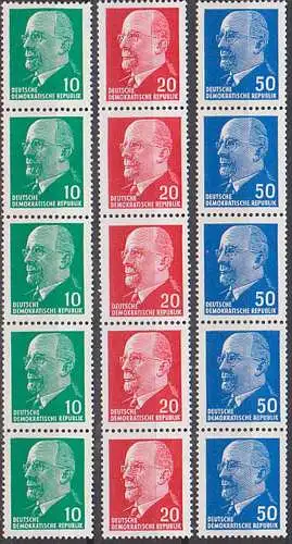 Germany DDR 10, 20 und 50 Pf. Walter Ulbricht Rollenmarken im 5er Streifen mit Nr. **