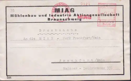 Germany DR AFS =030= Braunschweig MIAG Mühlenbau und Industrie AG 3.8.37, schwere Drucksache, Adress-Aufkleber