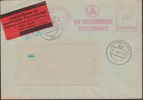 Schönebeck (Elbe) AFS-ZKD.St. 21.3.67 VEB Traktorenwerk mit rotem Pergamin ZKD 7-Zettel Aushändigung als gew. Sdg.