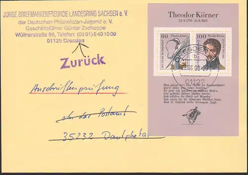 Theodor Körner Block portogenau auf Anschriftenprüfung in Dautphetal