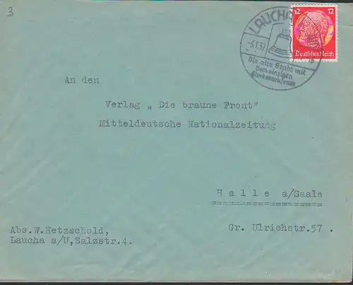 Laucha Unstrut, Fernbrief 12 Pfg. Hindenburg 6.1.37 mit SoSt Die alte Stadt mit einzigem Glockenmuseum, Glocke