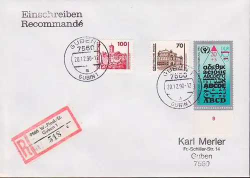 Guben Umbenennung Wilhelm-Pieck-Stadt Guben DDR 3353 R-Bf mit ABC-Marke, Alphabetisierung 20.12.90