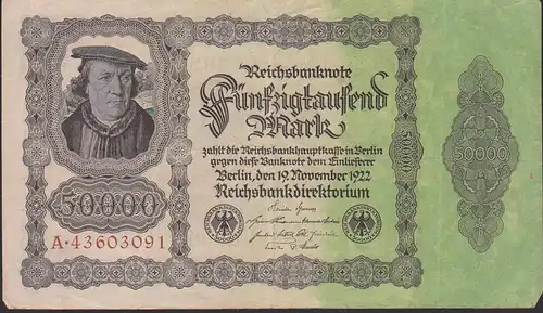 Germany Inflationsgeld 50.000 Mark Reichsbanknote A, 19. November 1922, Rosenberg 79