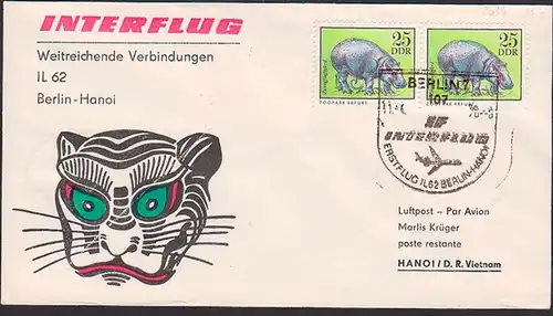 Berlin - Hanoi Vietnam SoSt. Erstflug 25 Pf.(2) Zwergflusspferd Kat. 2034 Auslands-Luftpostbrief Erfurt Zoo, INTERFLUG