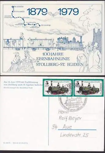 St. Egidien Ak mit Streckenverlauf Stollberg - St. Egidien 1879 - 1979, SoSt. mit Dampflok 16.6.79