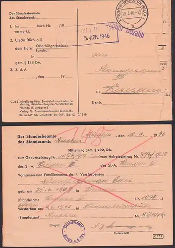 Kirchen-Werbach (Sieg) 1946 Karte Standesamt 'Gebühr bezahlt' Behördenpost
