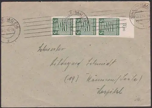 Halle MiNr. 68X, Oberrand nach Könnern 5.2.46, SBZ 5 Pfg.(3) Provinz Sachsen,