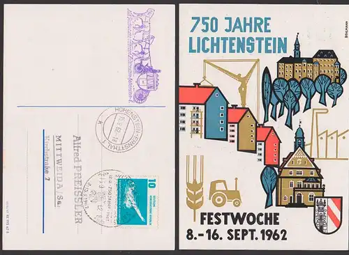 Lichtenstein Anlasskarte mit Postkutschenbeförderung Hohenstein-Ernstthal DDR 750 Jahre, sign. Bohlmann, Festwoche