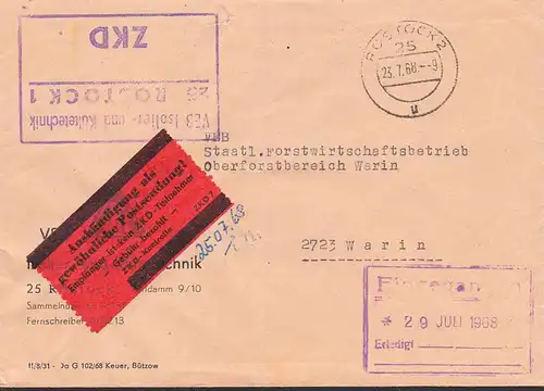 Rostock  'Aushändigung als..' in rot ZKD-Brief R3 VEB Isolier- und Kältetechnik  23..68 nach Warin, Bf gefaltet