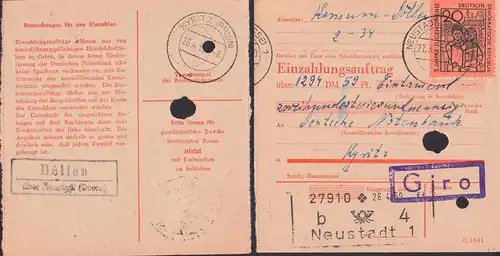 Döllen über Neustadt (Orla) Einzahlungsauftrag an Deutsche Notenbank Kyritz, 20 Pfg. "5 Jahre Jugendweihe" 27.4.59