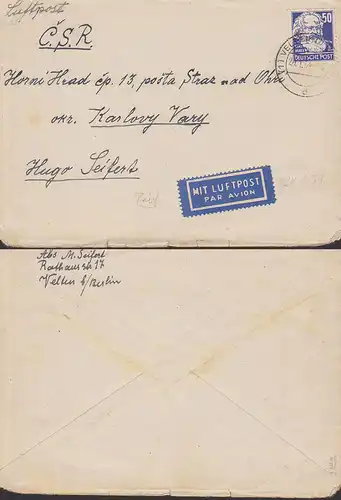 Velten bei Berlin, 50 Pfg. Karl Marx auf Auslands-LP-Brief nach Karlovy Vary CSR