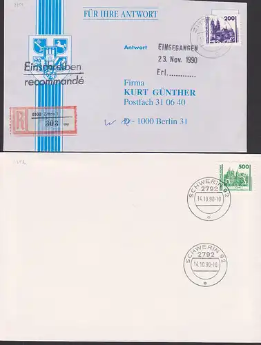 Magdeburg, Schwerin, 2,00 und 5,00 DM Werte R-Brief Zittau und Schweriner Schloss 14.10.90, Kat. 3351. 3352
