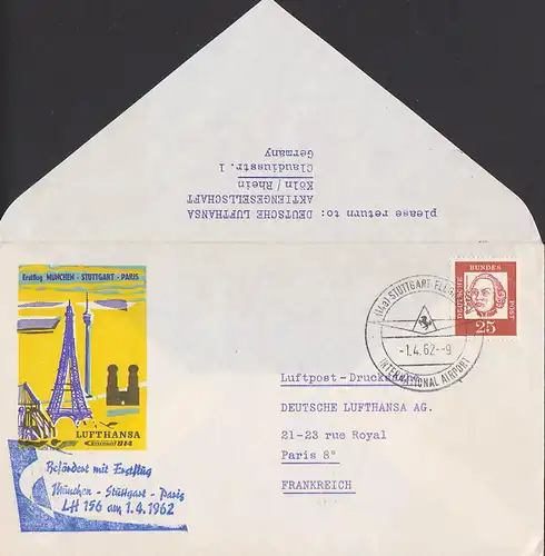 Stuttgart Flughafen SoSt. 1.4.62 Erstflug München - Stattgart - Paris, mit Cachet LH 156