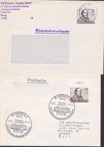 Friedrich List 15 Pf. auf Wirtschaftsdrucksache, DDR 3228, SoSt. Radebeul 150 Jahre erste deutsche Ferneisenbahn