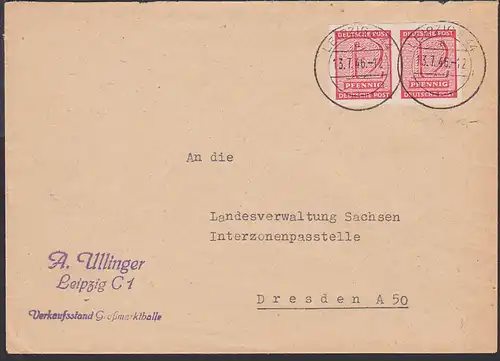 Leipzig Fernbrief portogenau 13.7.46 12 Pfg. waager. Paar