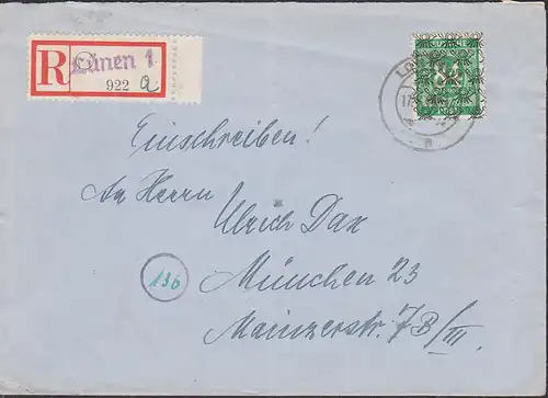 Lünen 1 , Fern-R-Bf nach München mit 84 Pf.  Kat 68 I,  Teppichaufdruck portogenau 30.6.48,