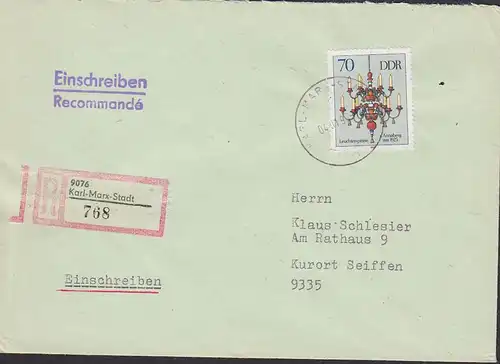 Karl-Marx-Stadt R-Brief mit 70 Pfg. aus Kleinbogen Leuchterspinne, DDR 3294