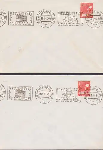 Hallo (Saale) MWSt. Landeshauptstadt Kulturzentrum und Wirtschaftszentrum, zwei Blanko-Umschläge mit 8 Pfg. Ds 2. Gew.