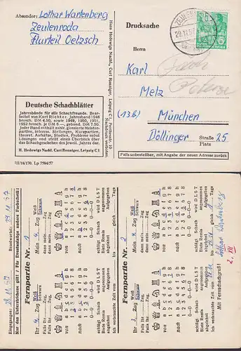 Zeulenroda Vordruckkarte mit Dv Deutsche Schachblätter, Ds nach München mit Fernpartie von 1957, Schach