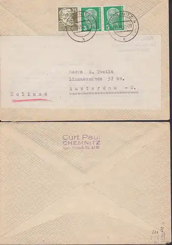 Chemnitz 25 Pfg. Rudolf Virchow und 5 Pf. (2) Wilhelm Pieck, Auslandsbrief nach Amsterdam Holland Wz. geprüft