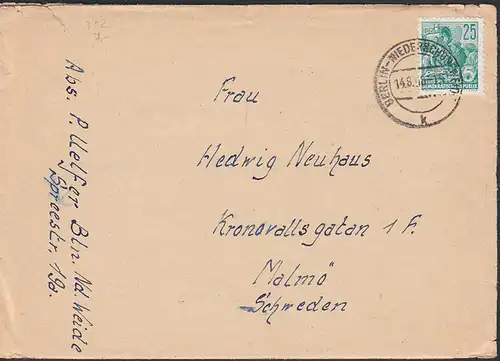 Berlin-Niederschöneweide, 25 Pf. Kat. 372 portogenau auf Aulandsbrief nach Schweden,  Umschlag desolat, mit Inhaltsschr.