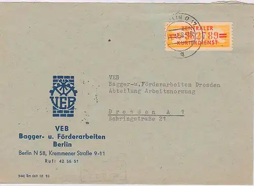 Berlin O17 ZKD B17L Brief Bagger- u. Förderarbeiten Zentraler Kurierdienst der DDR, 14.4.58