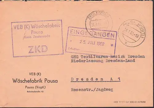 Pausa Vogtland R43 ZKD-St. VEB (K) Wäschefabrik Kreis zeulenroda 24.7.62
