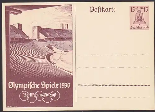 Berlin Olympische Spiele 1936  Olympiaglocke Stadion 15+10 Pf. P 260 *