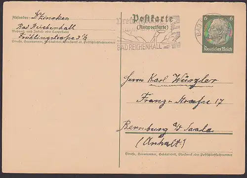 DR MWSt. Predigtstein Bahn Bad Reichenhall auf 6 Pf Antwortkarte Hindenburg 1941, Abb. Schwebebahn Gondel