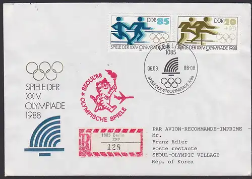 Germany Sonderst. BERLIN Spiele der XXIV. Olympiade nach SEOUL Republik Korea Olympic Village 1988 als R-Brief, rs.