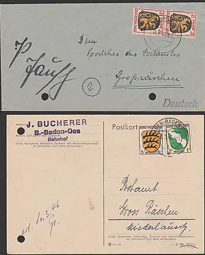Baden-Baden Saarbrücken 2 Belege mit Aktenlochung an das Postamt in Großräschen 1946