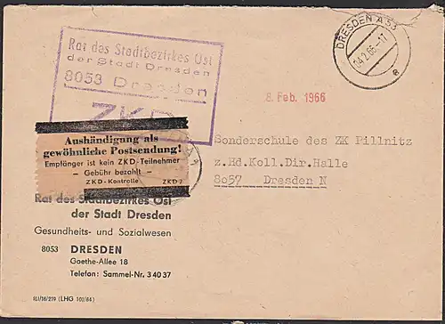 ZKD Dresden Rat des Stadtbezirkes Ost Aufkleber ZKD-Kontrolle braun -Gebühr bezahlt- 1966