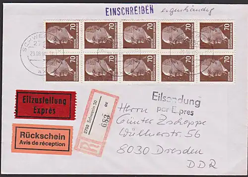 Walter Ulbricht auf R-Brief mit Eilszustellung, Rückschein und eigenhändig portogenau, DDR 70 Pf(10) 29.8.90