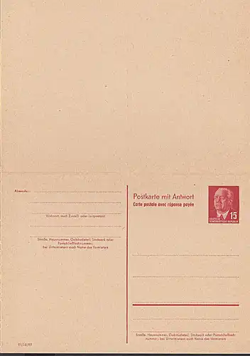 Germany DDR P65a 15/15 Pf. kpl. Ausland-Antwortkarte Wilhelm Pieck ungebraucht