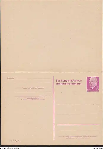 DDR P74 15/15 Pf Antwort-Ganzsache Walter Ulbricht ungebraucht kpl.