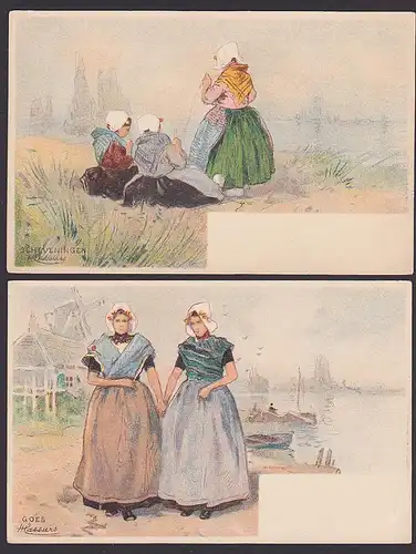 Künstlerkarte sign. H. Lassiers Holland GOES Scheveningen Mühle Trachten um 1900 unbeschrieben