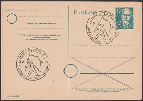 SBZ Propaganda "Überall Jugend voran" Leipzig 1949 Jugendlicher mit Banner Teenager with Banner Adolescent avec Bannière